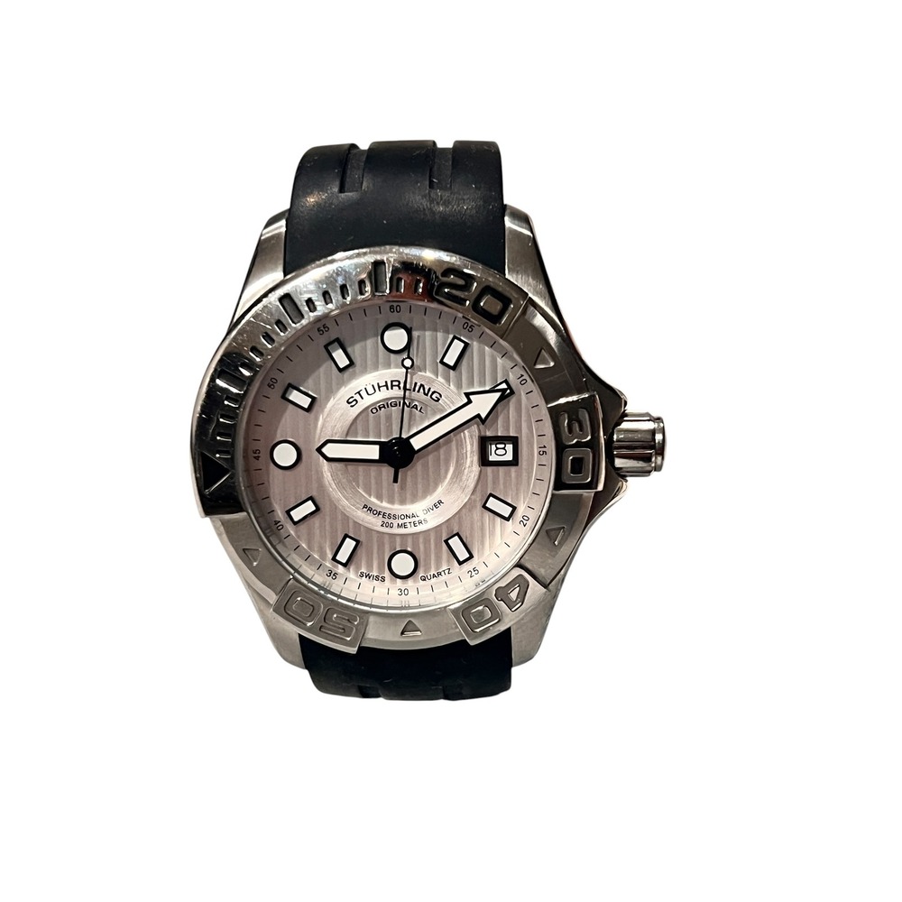 Stuhrling Original Professional Diver 200M Swiss Quartz Watch Silver Black 15N